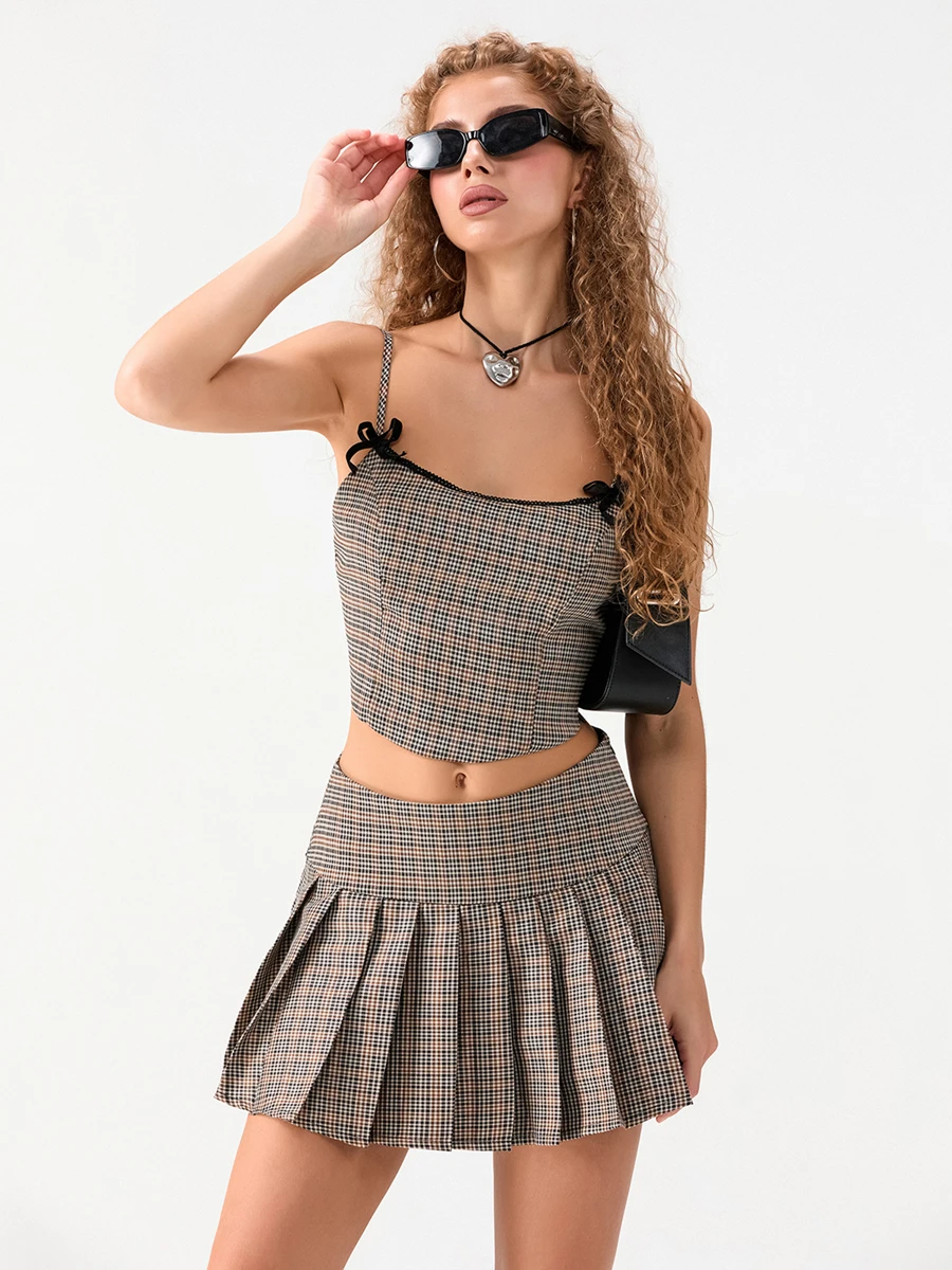 Women 2 Piece Outfits Plaid Print Tie Backless Camisole Tops and Mini Pleated Skirt Set for Streetwear Aesthetic Clothes