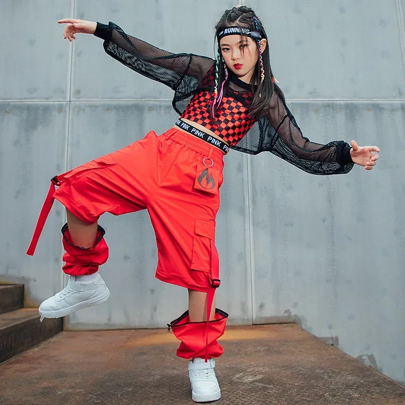 Kids Hip Hop Street Dance Costume Red Lattice Vest Loose Cargo Pants Net Tops for Girls Clothes Jazz Show Stage Outfit