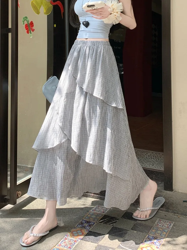 

Женская юбка с высокой талией в клетку, новинка весны 2026, А-силуэт, многоярусная, с широким воланом, в корейском стиле, для повседневной носки