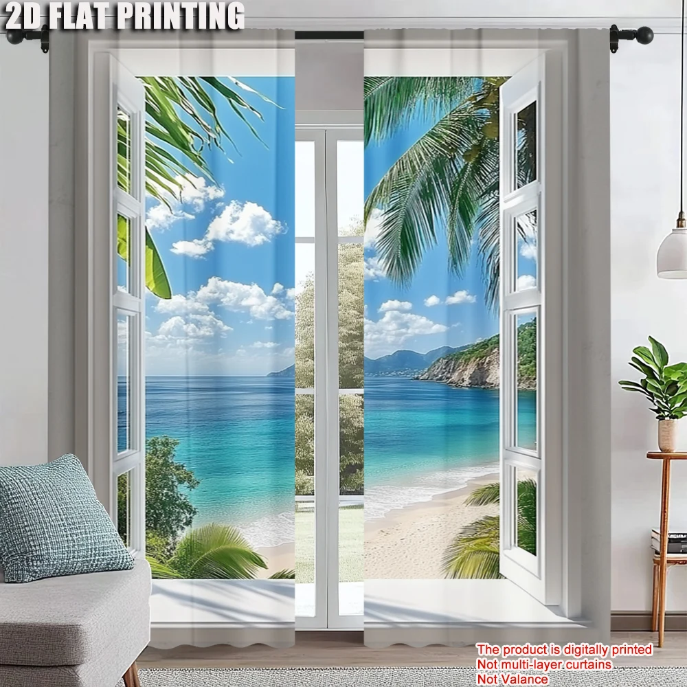 

2Pcs Beach Pattern Window Curtains Rod Pocket Decorative Window Drapes Window Treatments For Bedroom Living Room Home