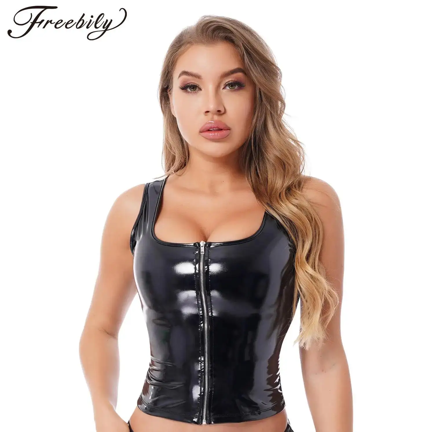 

Женский топ без рукавов из лакированной кожи с мокрым эффектом в стиле панк, модный жилет на молнии, музыкальная вечеринка, рейв-клуб, костюм для танцев на пилоне, клубная одежда