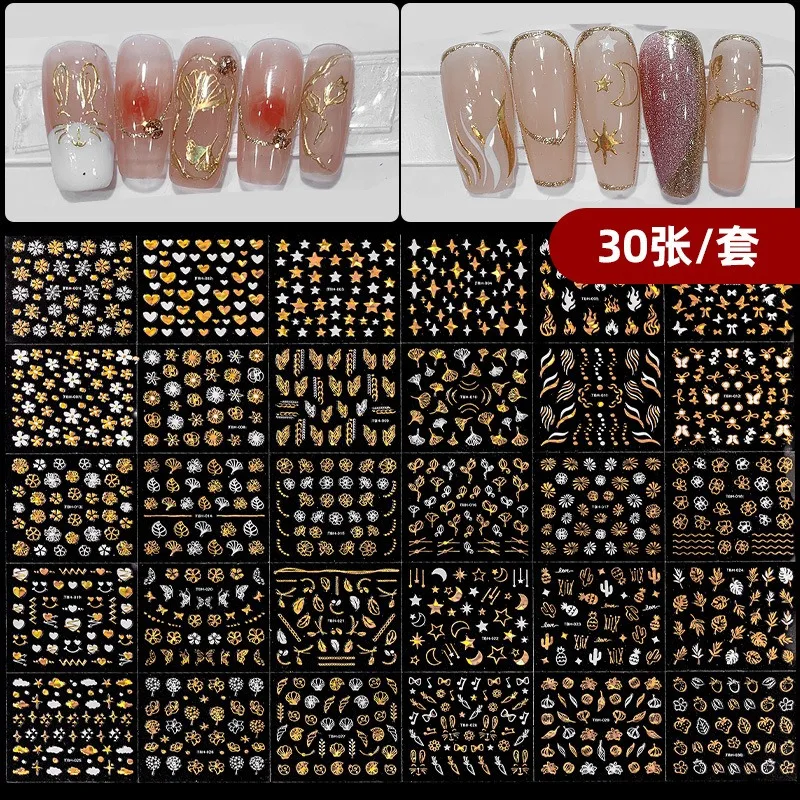 

JapaneseNail Stickers 30 Pieces Per Set Japanese Hot Stamping Silver Love Star Flame Star Moon Butterfly Flower Decals Wholesale