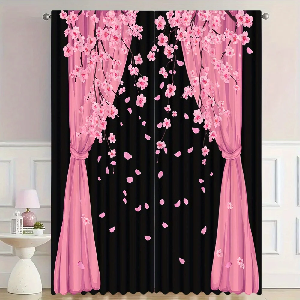 2PCS Digital Print Curtains, Pink Cherry Blossom Petals, Romantic Japanese