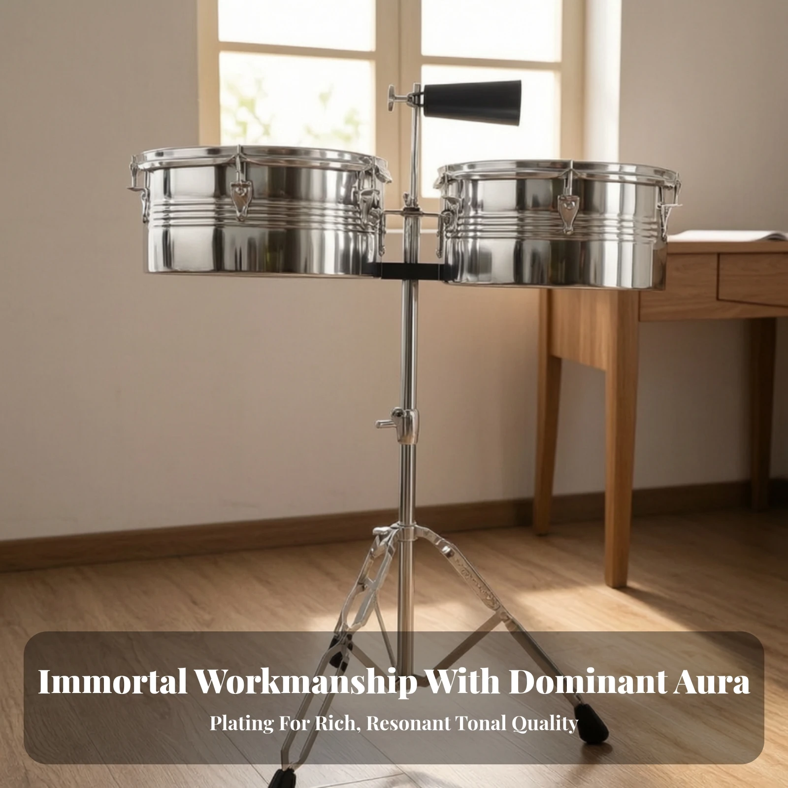 Timbale Set with Cowbell Sturdy Timbale Drums with Stand Percussion Instrument Premium for Percussionists, Live Performance