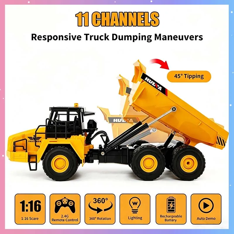 RC Truck No.1553 1:16 RC Car Dump Truck Remote Control 11 Channel 360° Rotation Auto Demo RC Simulation Construction Vehicle Toy
