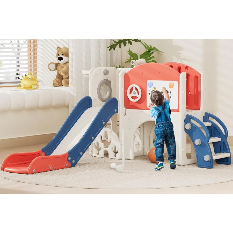 

Toddler Playground Playset for 13 Year Olds with Golf Drawing Board Slide Basketball Hoop and Storage Red Blue