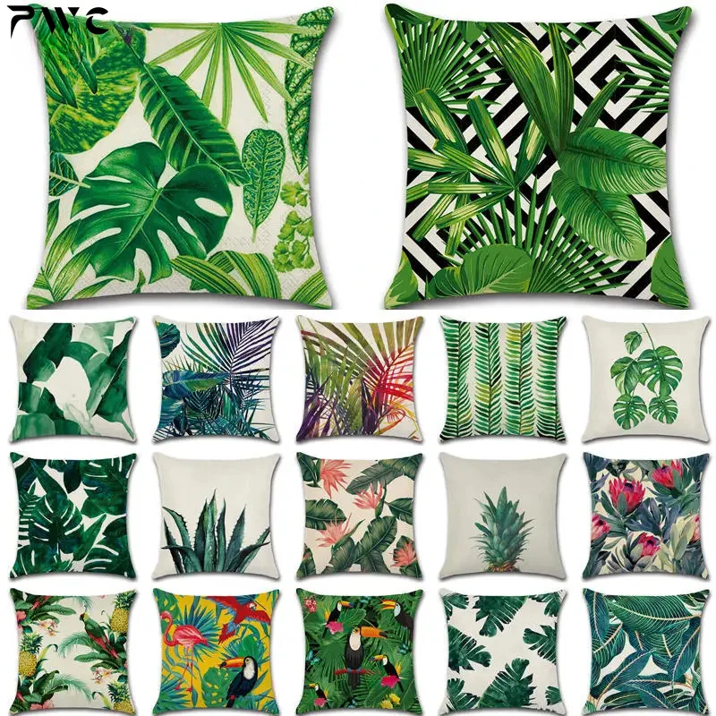 

Tropical Plants Cactus Monstera Summer Decorative Throw Pillows Linen Cushion Cover Palm Leaf Green Home Decor Pillowcase