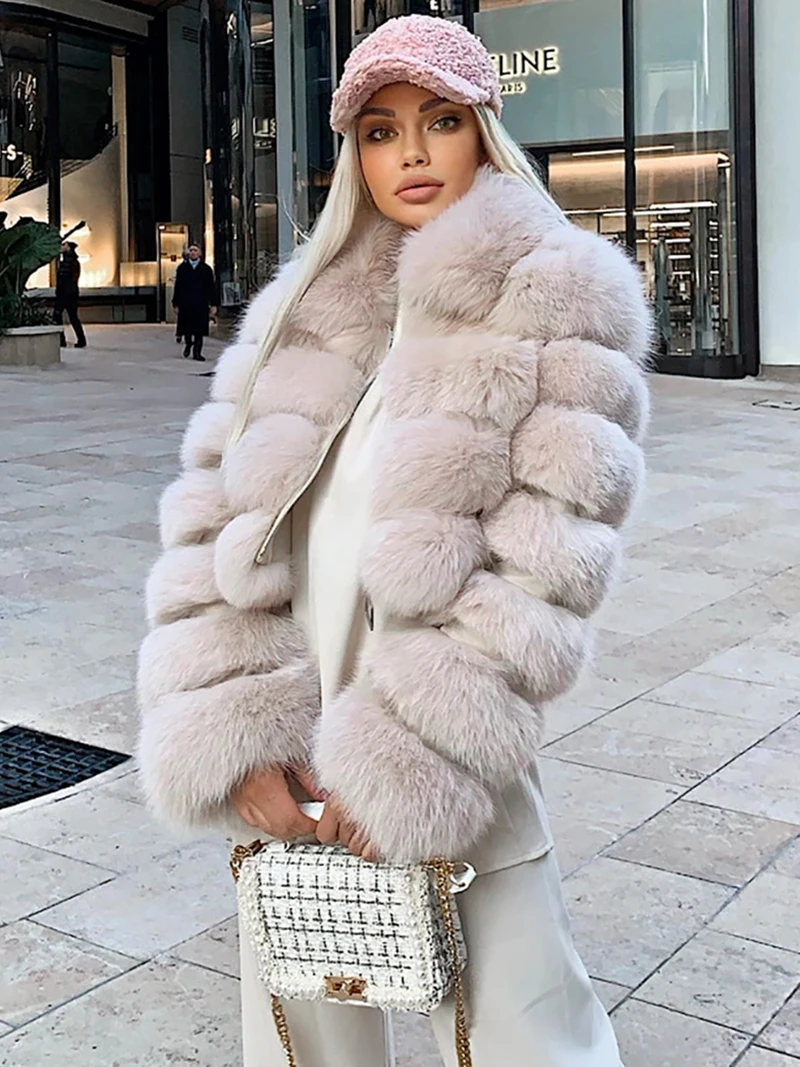 ZADORIN Trendy Cropped Splicing Fluffy Faux Fox Fur Coats Woman Lapel Zipper Long Sleeve Thick Fur Jacket Top Winter Outerwear