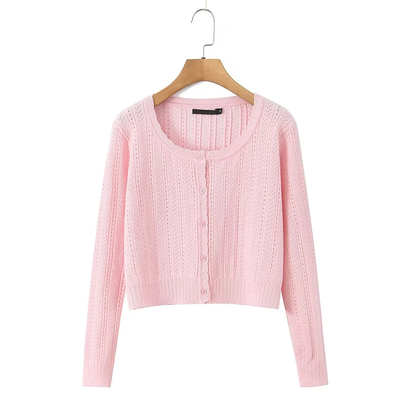 

YENKYE Sweet Girl Round Neck Long Sleeve Knit Cardigan Spring Autumn Casual Crop Knitwear