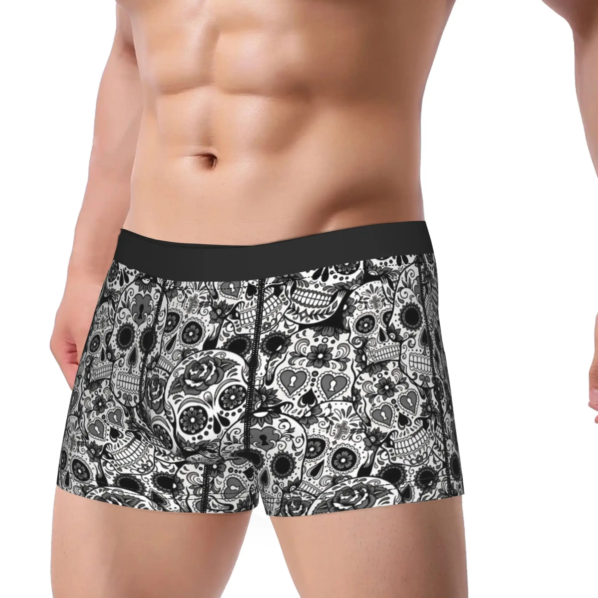 Mexican Sugar Skull Floral Seamless Pattern Shorts Briefs  Underwear Quality Males Soft Trend Boxershorts Large Size Underpants