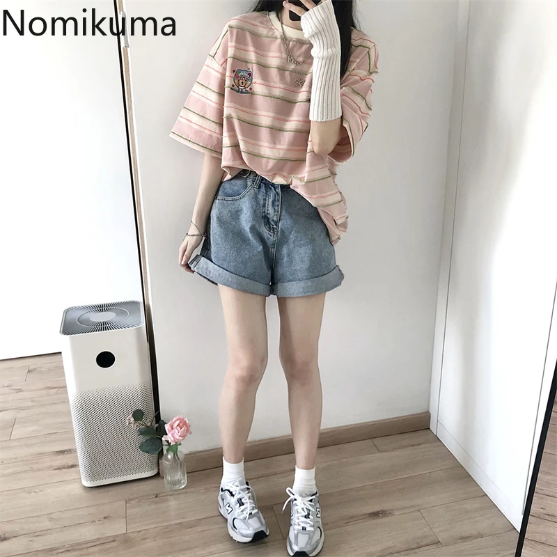 Cotton Y2k Tshirts for Women Bear Embroidery Short Sleeve O-neck Striped Tees Fashion Casual Summer T Shirts 2024 Ropa Mujer