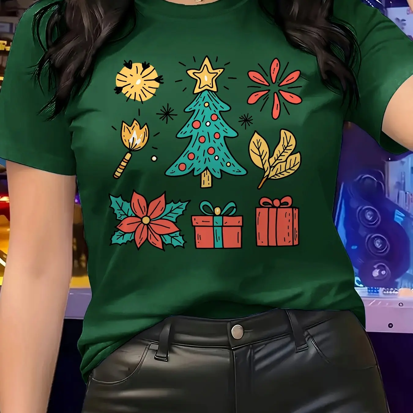 

Women's T Shirt Funny Christmas Tree Print Casual Short Sleeve Tops Street Fashion O-neck Oversized Harajuku Y2k Female Clothing