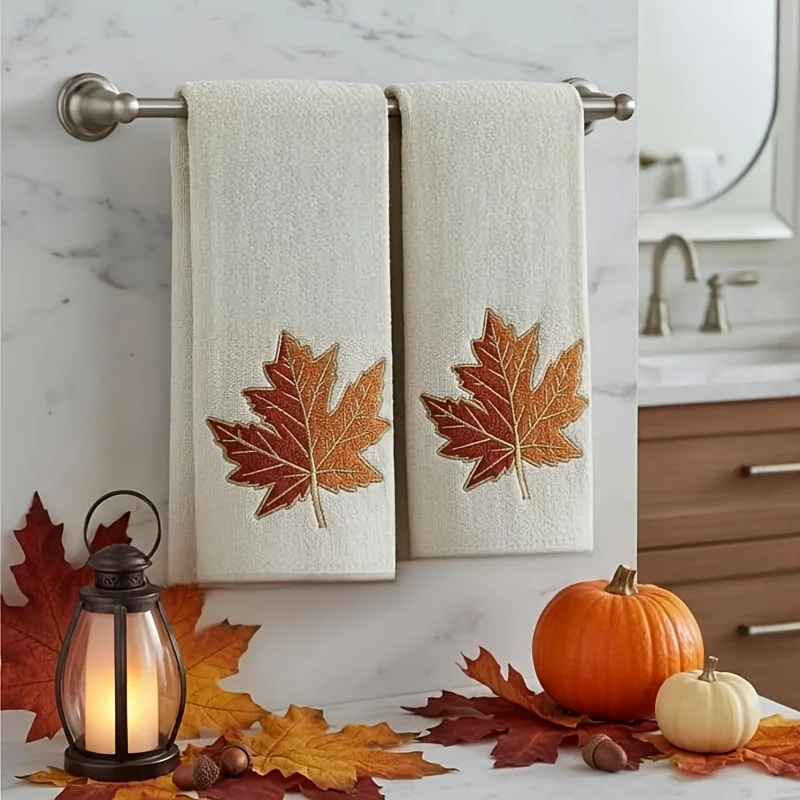 2 Maple Leaf Hand Towels - Red and White Canadian Maple Leaf Design Bathroom and Kitchen Towels