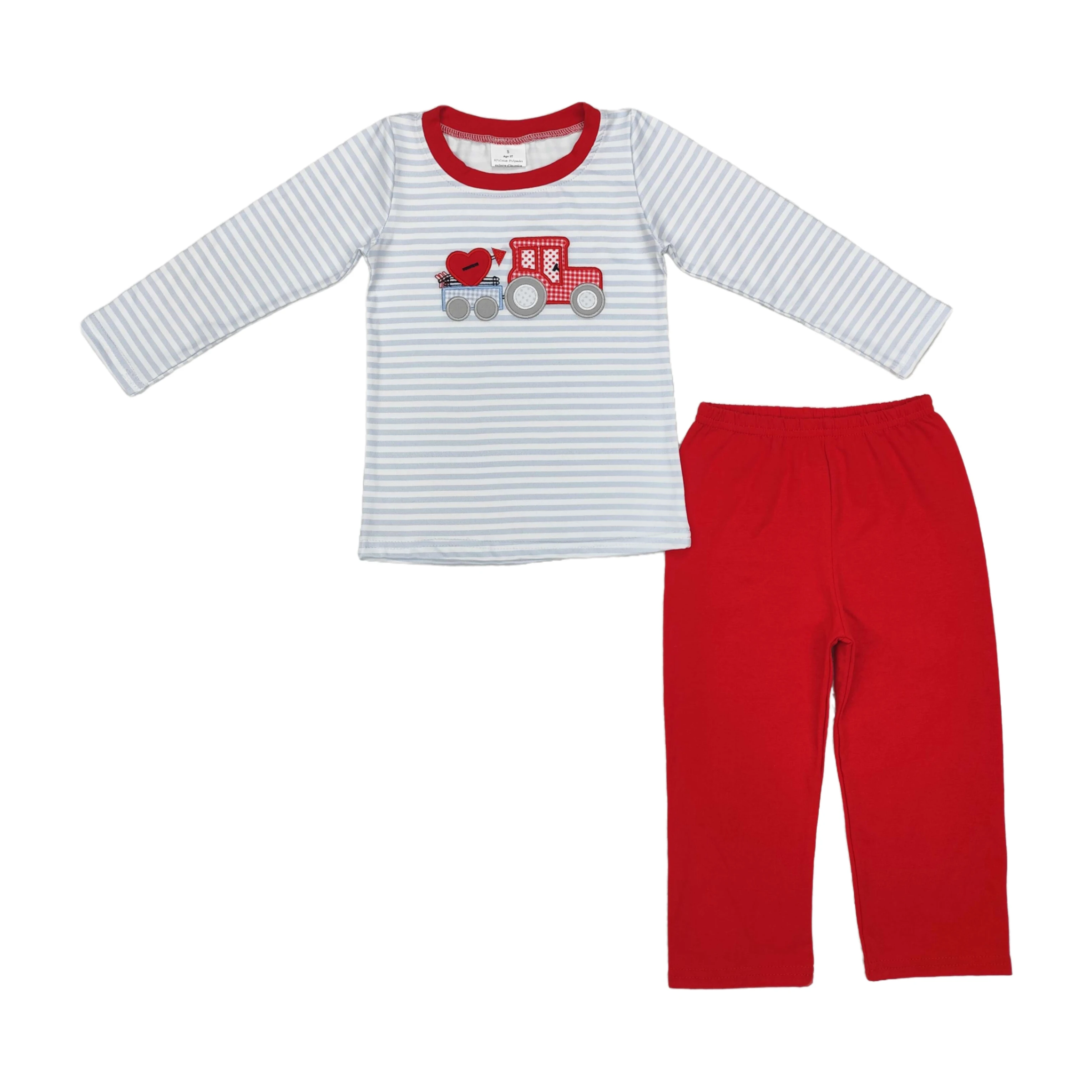 

Children Long Sleeves Set Kids Embroidery Heart Truck Valentine's Day Shirt Red Cotton Pants Pajamas Baby Boy Outfit Wholesale