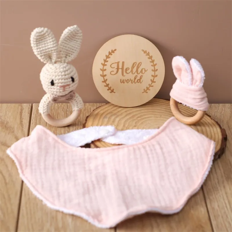 Baby Wooden Teether Toys Crochet Rabbit Rattle Toys Baby Milestone Cards Cotton Towel for Newborn Photography Props Accessories