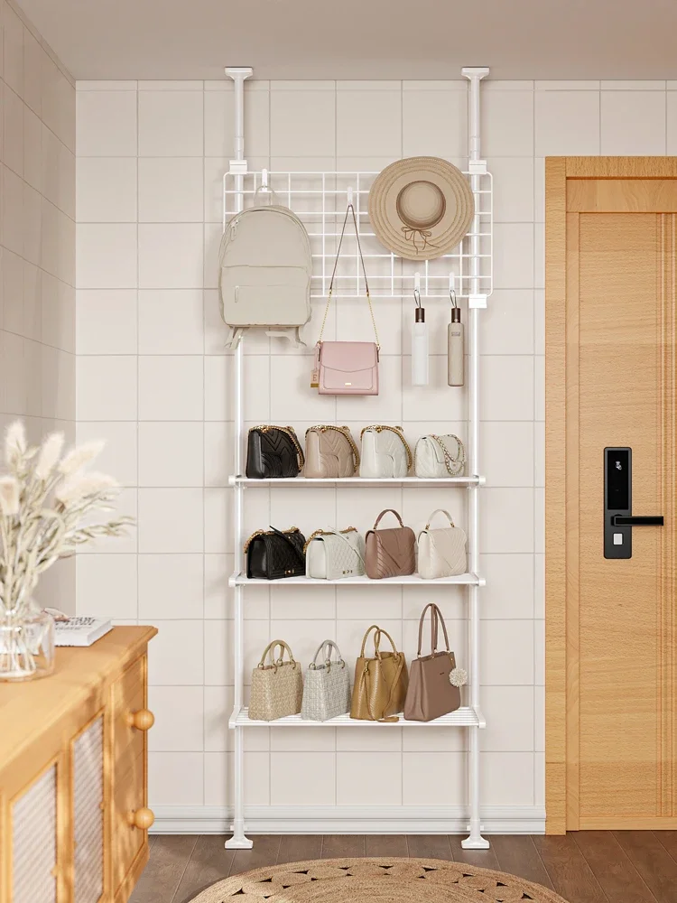 Bag storage artifacts, home topping, standing on the ground, the door to the floor, entrance hat hanger, and shelf