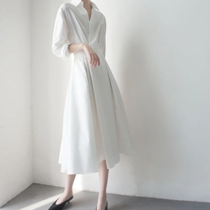 Boweylun neues französisches langes hemd kleid der frauen einreihiges mittel taille festes farbkleid weiblicher sommer