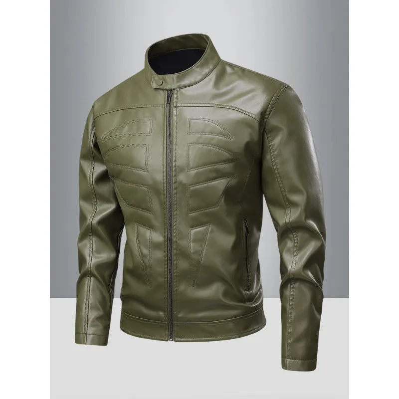 

Men's new leather jacket 2026 Spring and Autumn new thin standing collar striped PU leather jacket motorcycle leather jacket