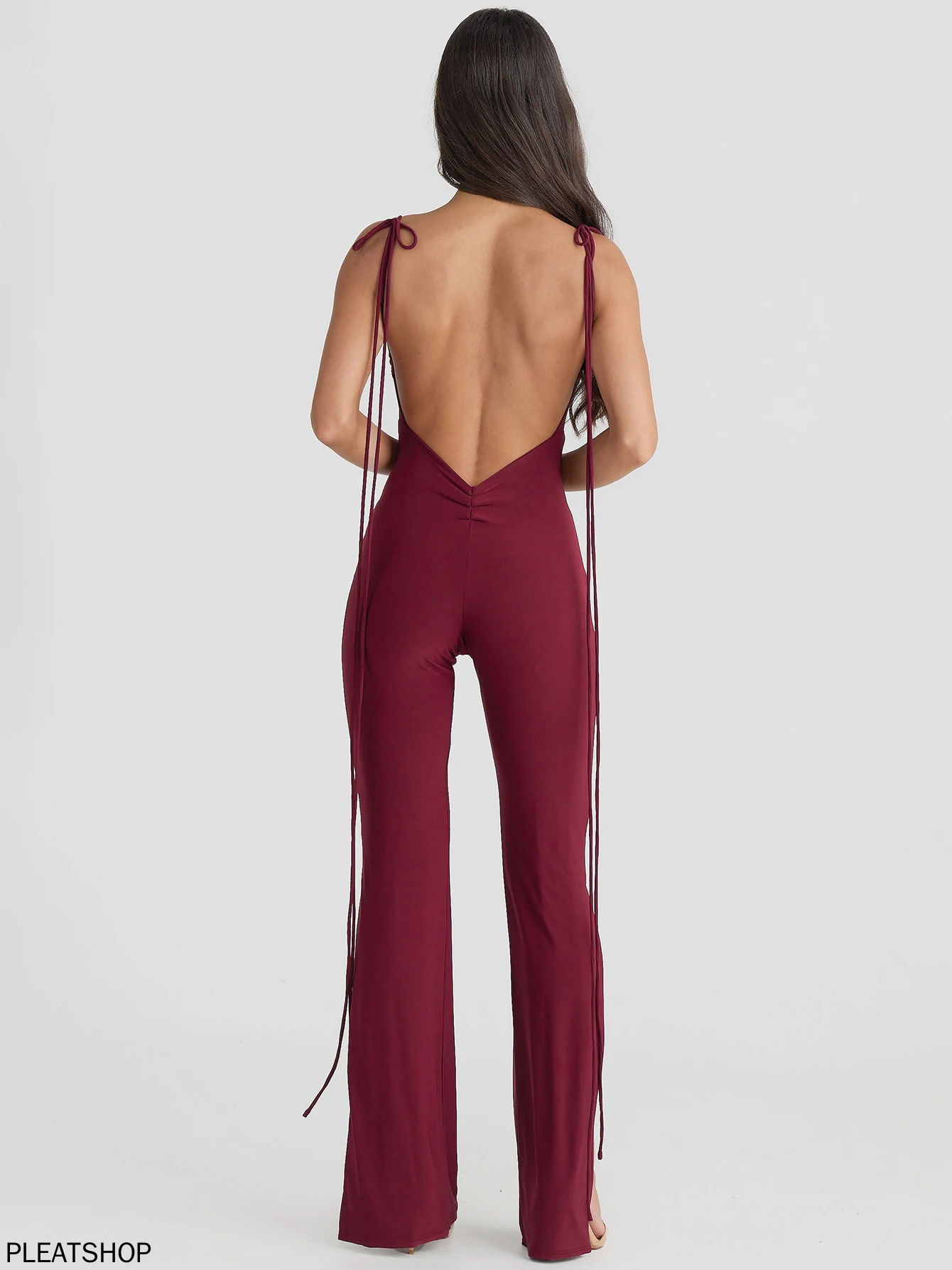 เซ็กซี่Backless PlaysuitsแขนกุดHalter Lace Upไม่สม่ําเสมอแยกยาวกางเกงJumpsuit Lady Party Club Drop Shipping Y2K