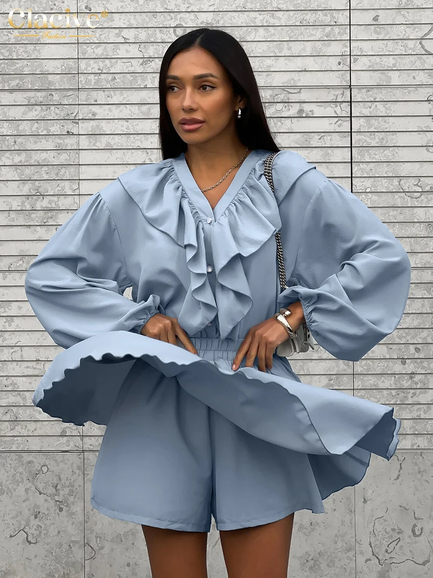 

Clacive Fashion Loose Blue Shorts Sets Women 2 Pieces Elegant Long Sleeve Ruffle Shirt With High Waist Pleated Skirt Shorts Set