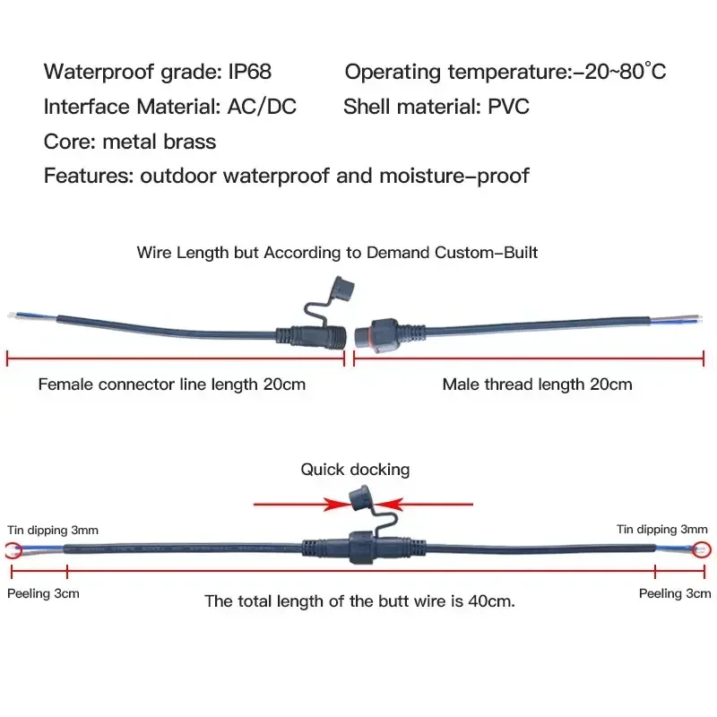 IP68 2 3 4 5 Pin 0.3/0.75/1.5 Kwadratowe wodoodporne męskie żeńskie złącze kablowe Wtyczka Przedłużacz doczołowy Zewnętrzne złącze przewodu LED