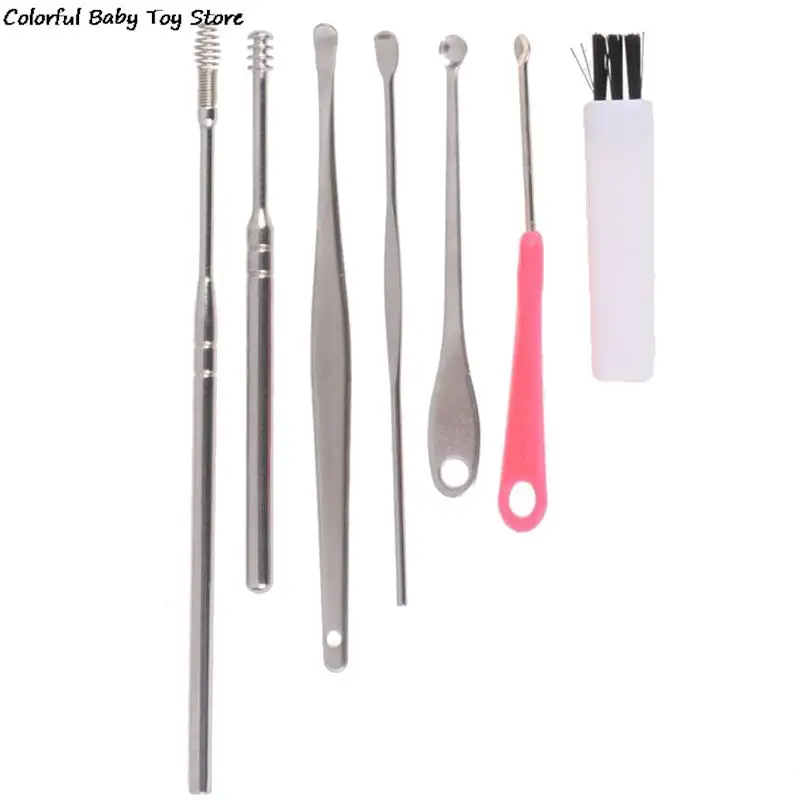 7Pcs/set Ear Wax Pickers Stainless Steel Earpick Wax Remover Curette Ear Pick Cleaner Ear Cleaner Spoon Care Ear Clean Tool