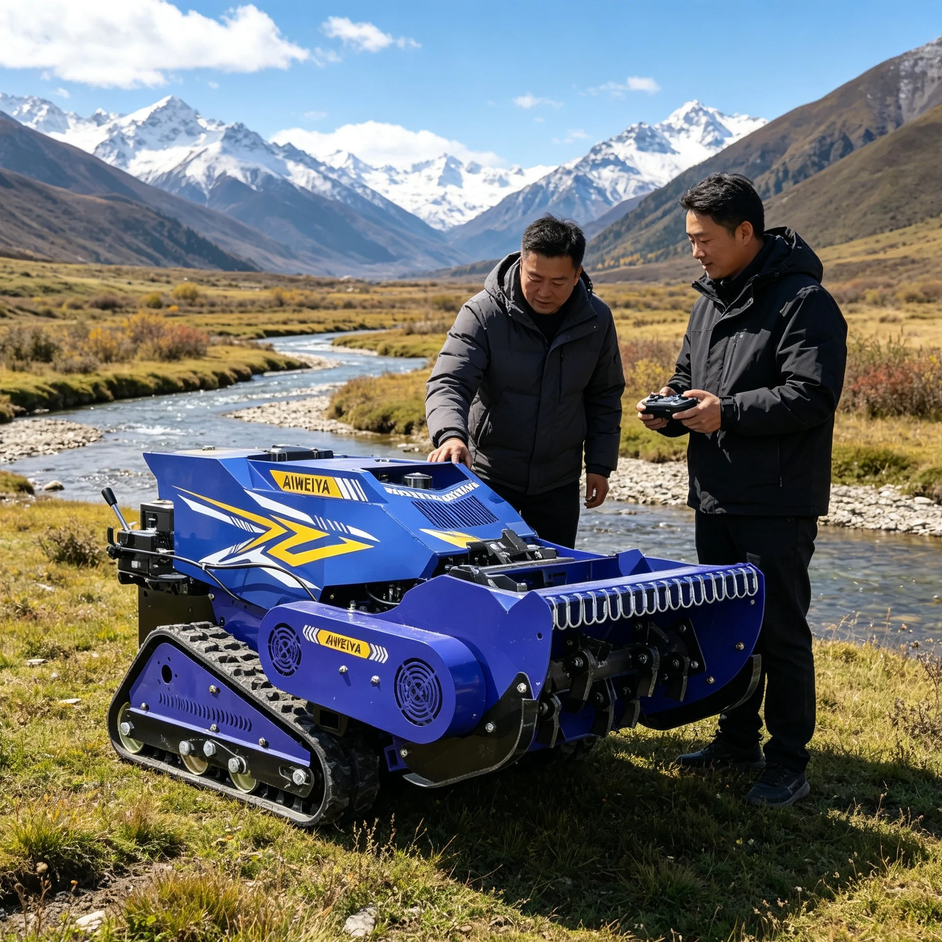 Customized multi‑color replaceable shell, tracked lawn mower and snow‑shovel attachment works for multi‑season outdoor work