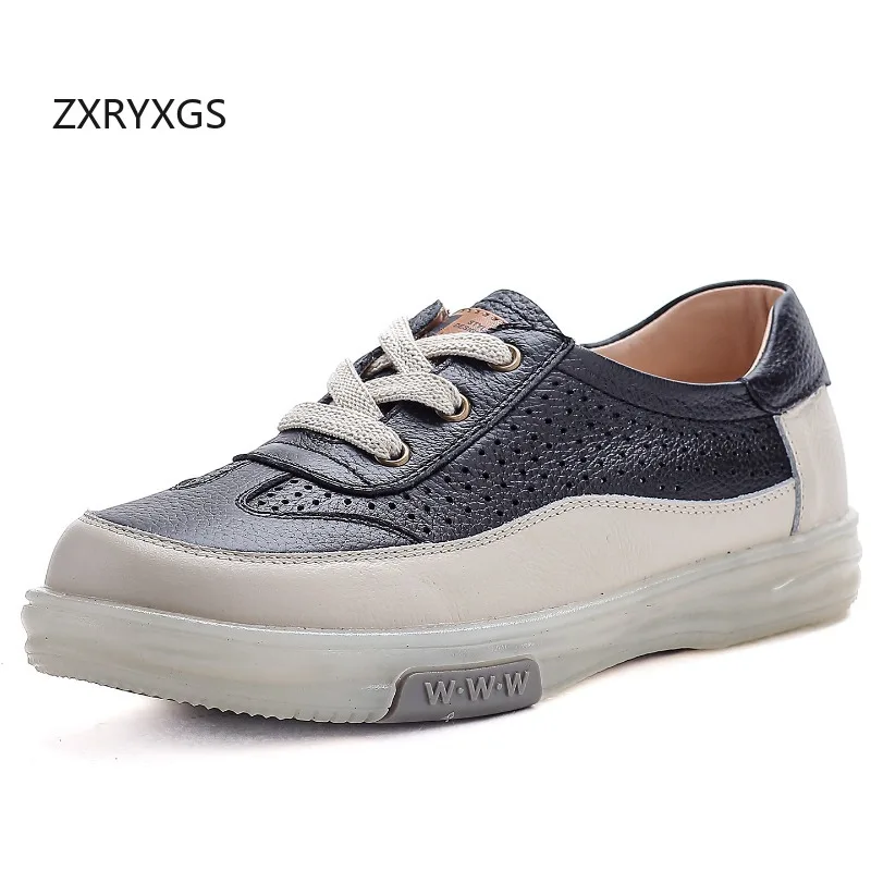 

ZXRYXGS 2026 Spring Summer Genuine Leather Hollow Sneakers Breathable Shoes Women Flat Shoes Inner Height Increasing Trend Shoes