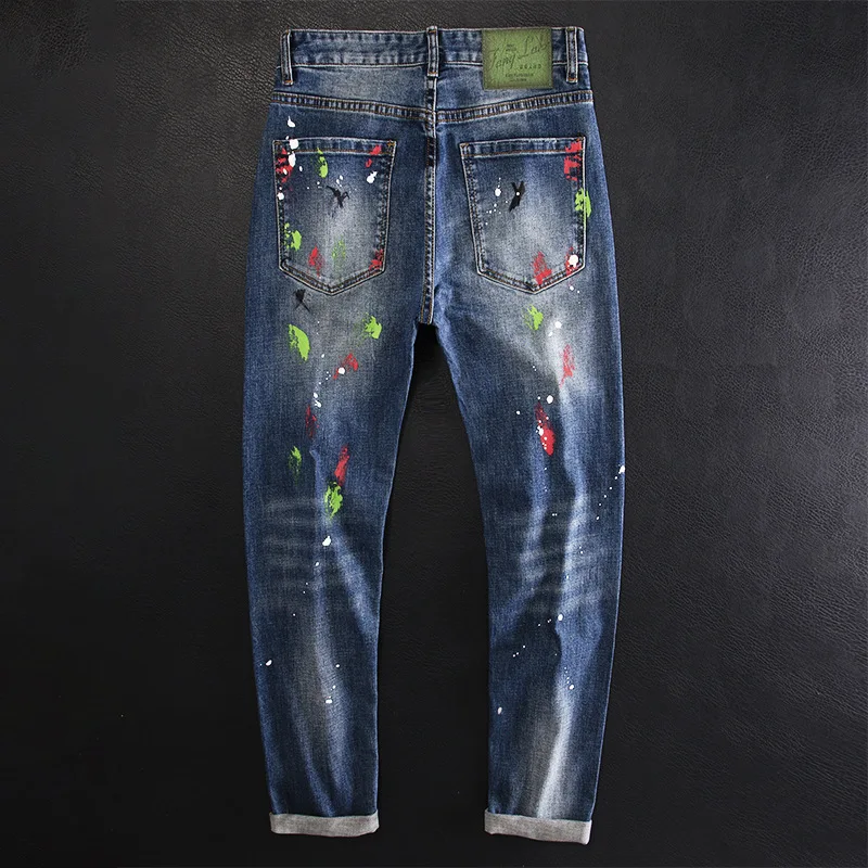 

Ripped Patch Paint Splatter Graffiti Personality Fashion Jeans Men Slim Fit Stretch High-end Trendy Pants