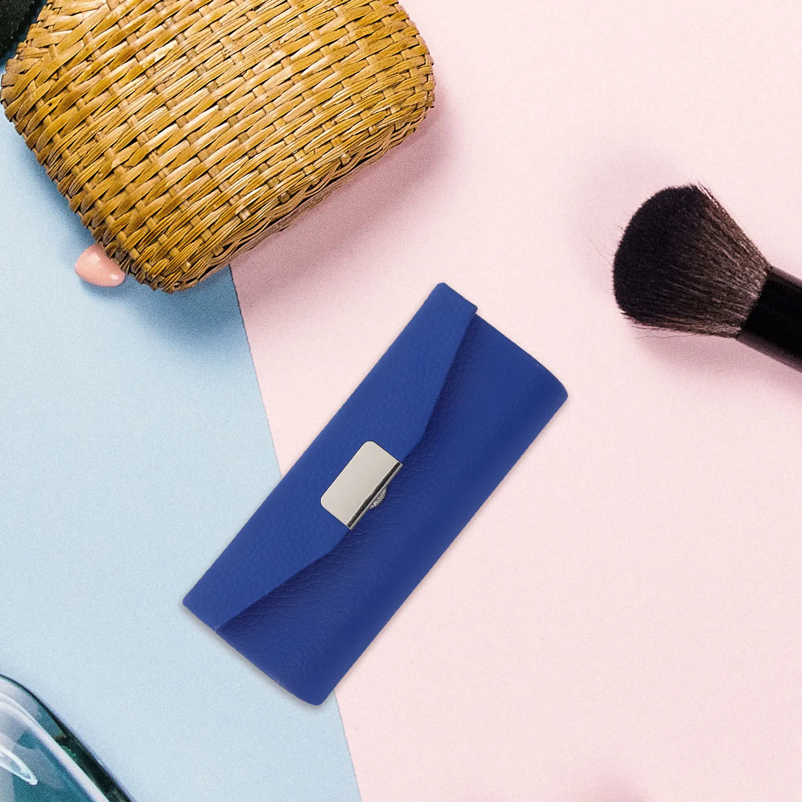 

Lipstick Case Blue Pu Women Storage Box with Mirror for Travel Party Camping Decorative Holder Brush Organizer