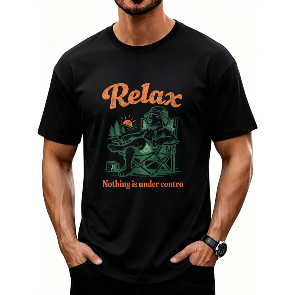 Retro Relax Nothing Is Under Control Bear Camping Forest Sunset Graphic Men Cotton T Shirt Print Outdoor Leisure Casual Tees