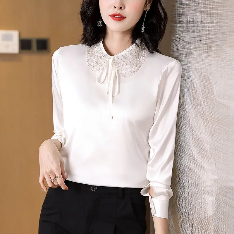 Fashion Peter Pan Collar Beading Shirt Commute Drawstring Women\'s Clothing Spring Autumn Solid Color All-match Straight Blouse