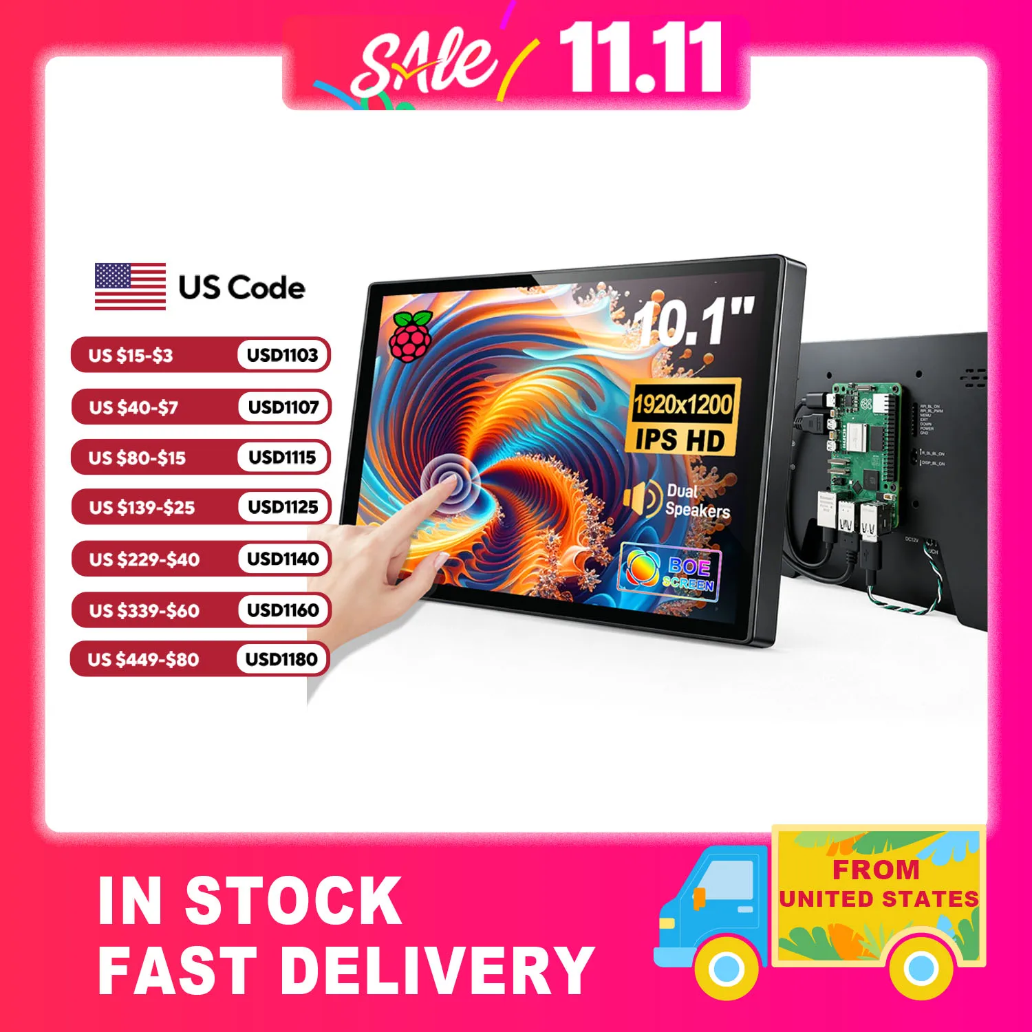 10.1 inch Portable Monitor Raspberry Pi 5 4 Monitor LCD Dispaly 1920x1200 16:10 Touch Screen HDMI USB for DIY Pi 4 3 Built in Fans Speaker