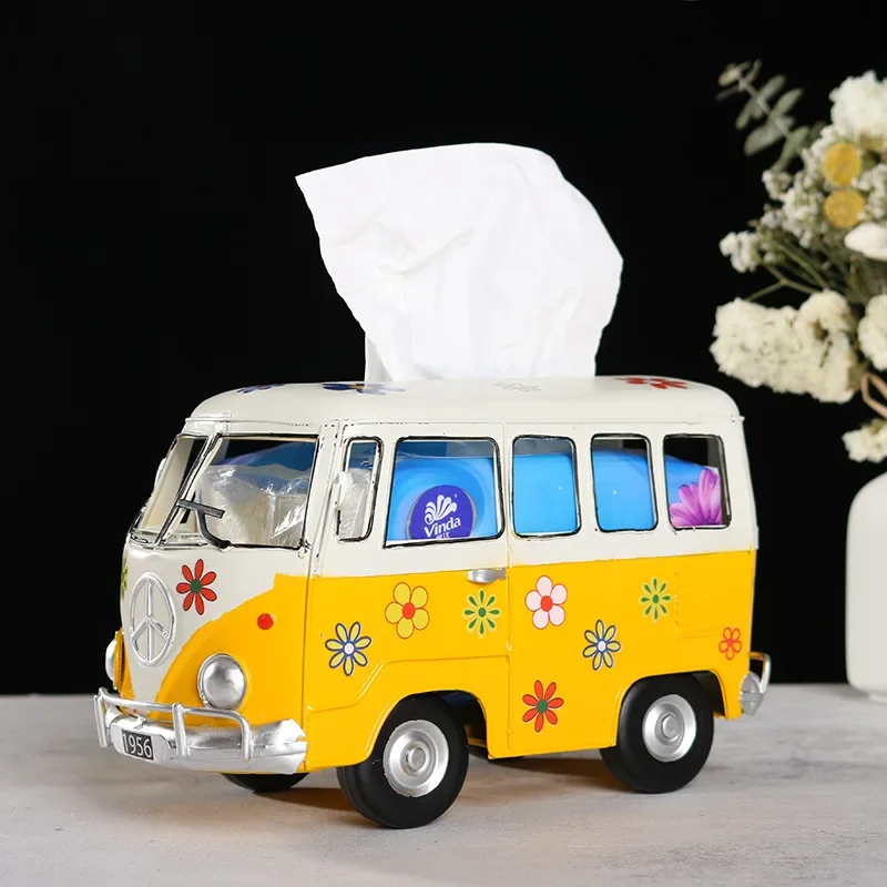 Flower Retro Iron Bus Tissue Box Model Figurines Car Craft Home Decoration Accessories for Living Room Ornaments for Home Decor