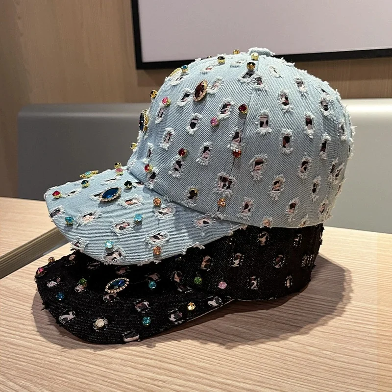 Fashionable Women’s Denim Washed Baseball Cap: Colorful Rhinestone Sun Hat for Sun Protection, Travel, and Vacations—Peak Cap