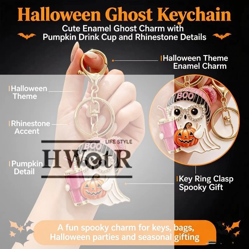 Spooky Halloween Keychain Sparkly Crystal Ghost Pendant Pink Knit Hat Pumpkin Design Backpack Charm Party Gift