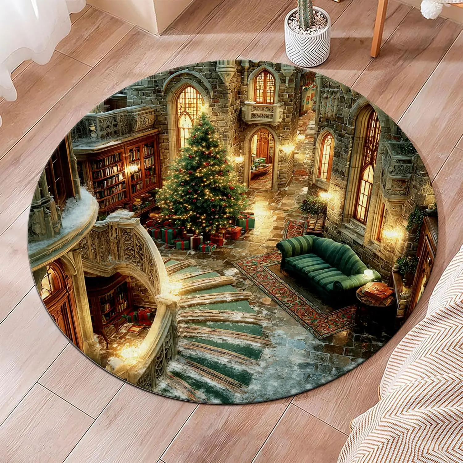 Retro Castle Steam Train Circle Carpet Christmas Gnome Round Area Rug Non Slip Washable Festive Home Bedroom Floor Decor