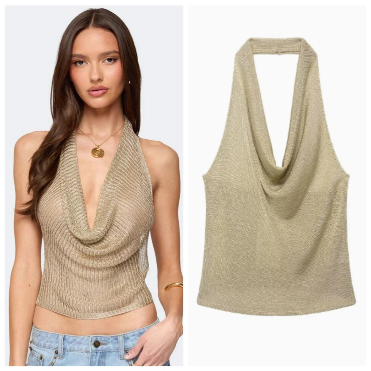 Sexy Club Glittering Reflective Backless Sleeveless Women's Top Bright Thread Hanging Neck Strap Vest Hot Girl Summer Top