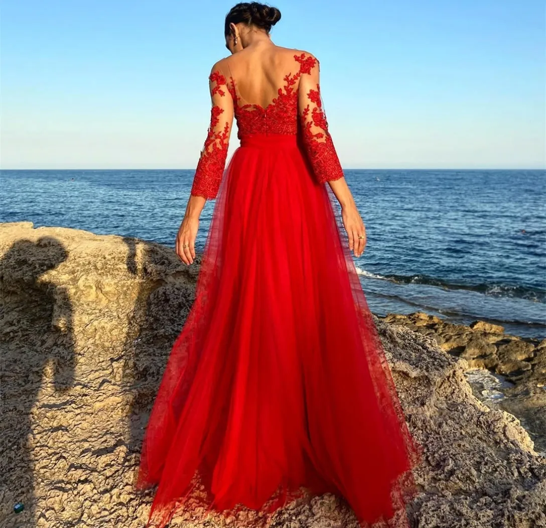 Maßgeschneiderte lange rote Tüll-Abschlussballkleider mit Ärmeln, A-Linie, Spitze, Scher, Watteau-Schleppe, Abendkleid für Damen