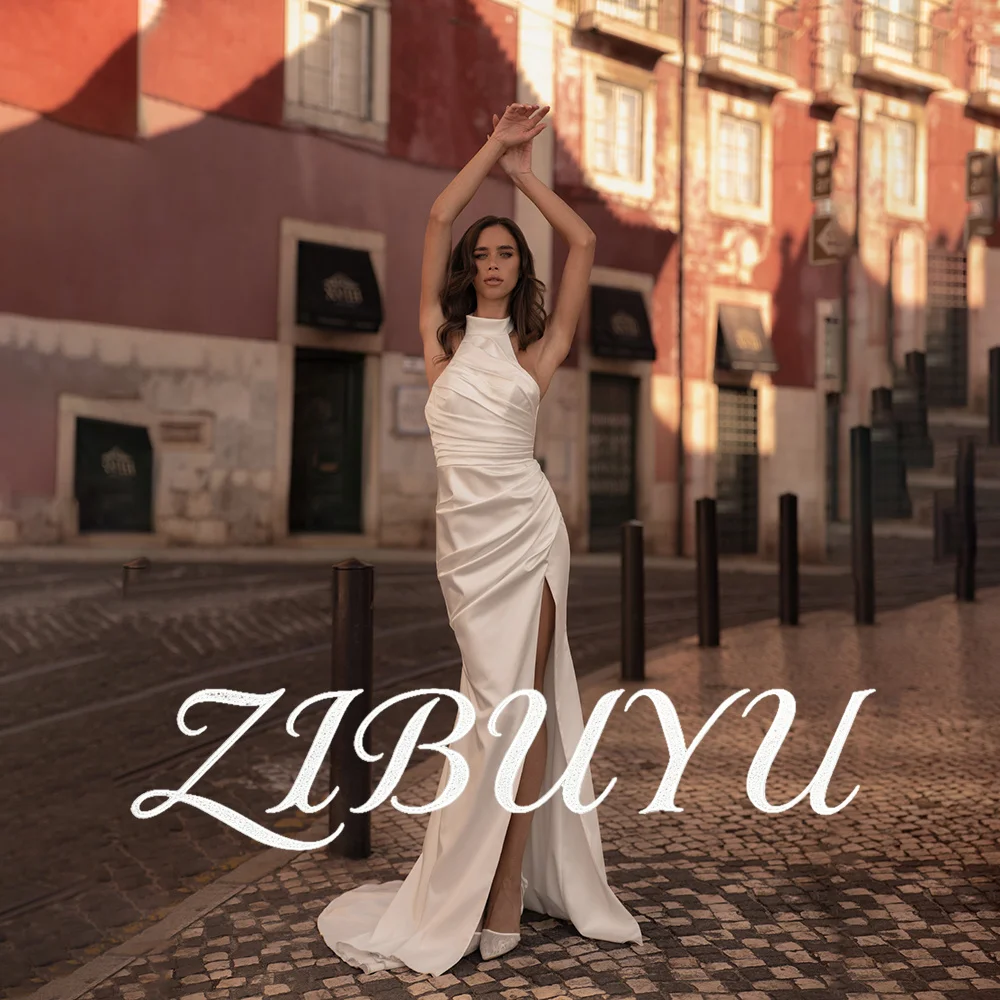 

ZIBUYU Customized Mermaid Modern Satin Wedding Dress Halter High Neck Sleeveless Ruched Waist Open Back High Side Slit Bridal Go