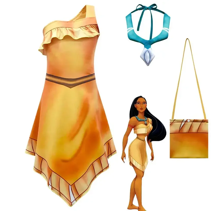 Girls Pocahontas princess dress with necklace bag kids Beach Indian clothing Halloween birthday party dress up cospaly costume