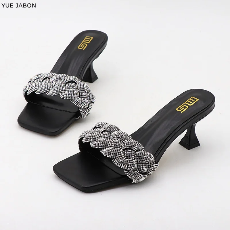 

Black Summer women's shoes square toe open toe silver braid crystal slippers fashionable high heels Women Designer Sandals