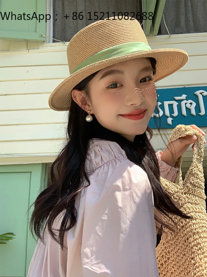 LLY high value flat top straw hat children seaside vacation sunshade sunscreen hat big head circumference