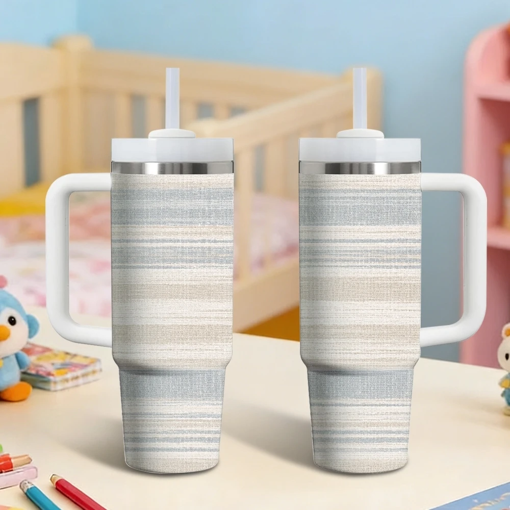 

Linen Stripe Fabric Vacuum Flasks 40oz Stainless Steel Insulated Tumbler With Handle & Straw Leakproof Travel Mug