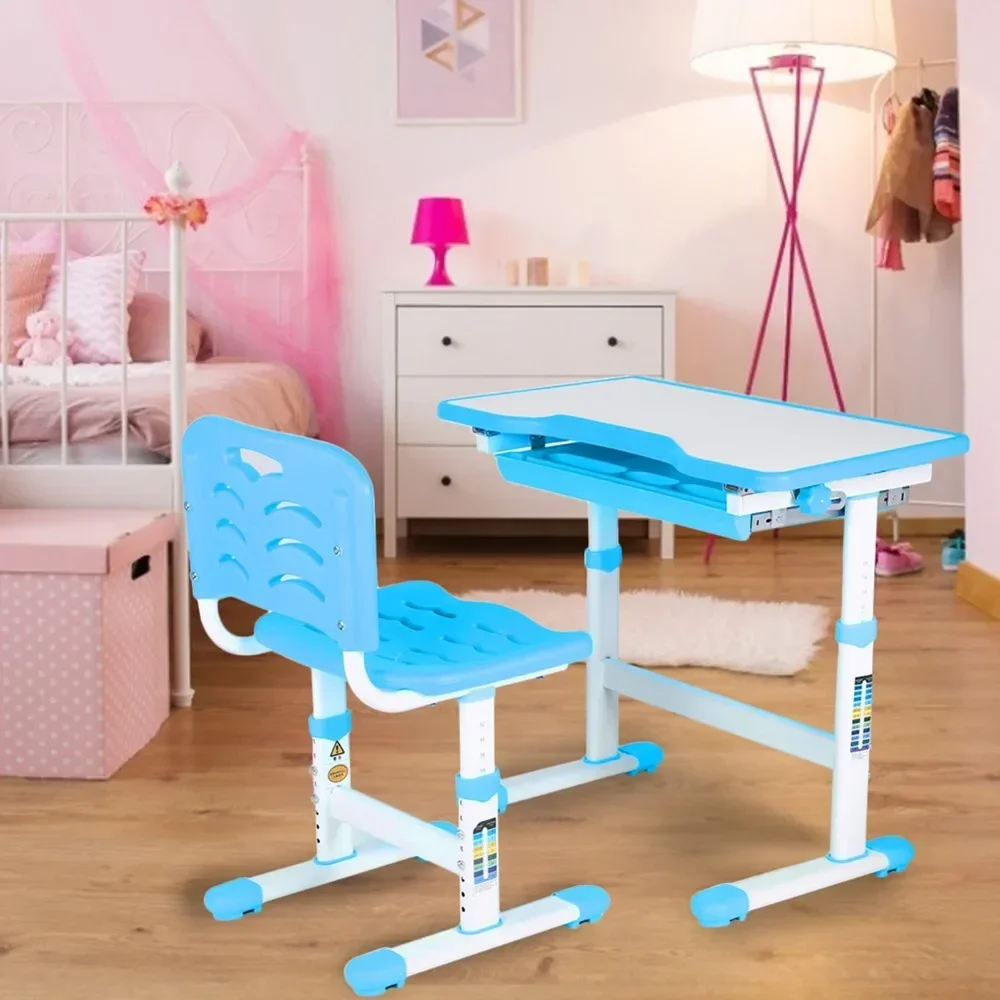 Adjustable Kids Study Homework Desk Chair Children Activity Art Table Set(Blue)Minimalist Modern Children Tables Furniture