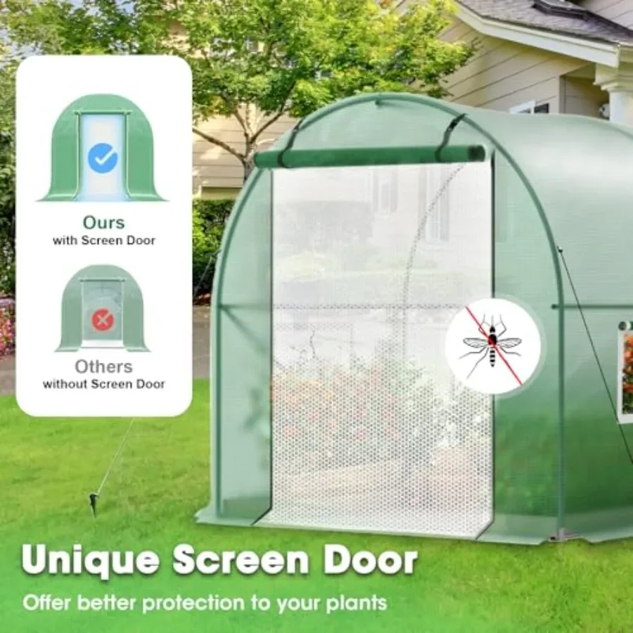 Walk-in Greenhouse for outdoor gardening, heavy-duty metal frame, green color, roll-up zipper door and screen windows for venti