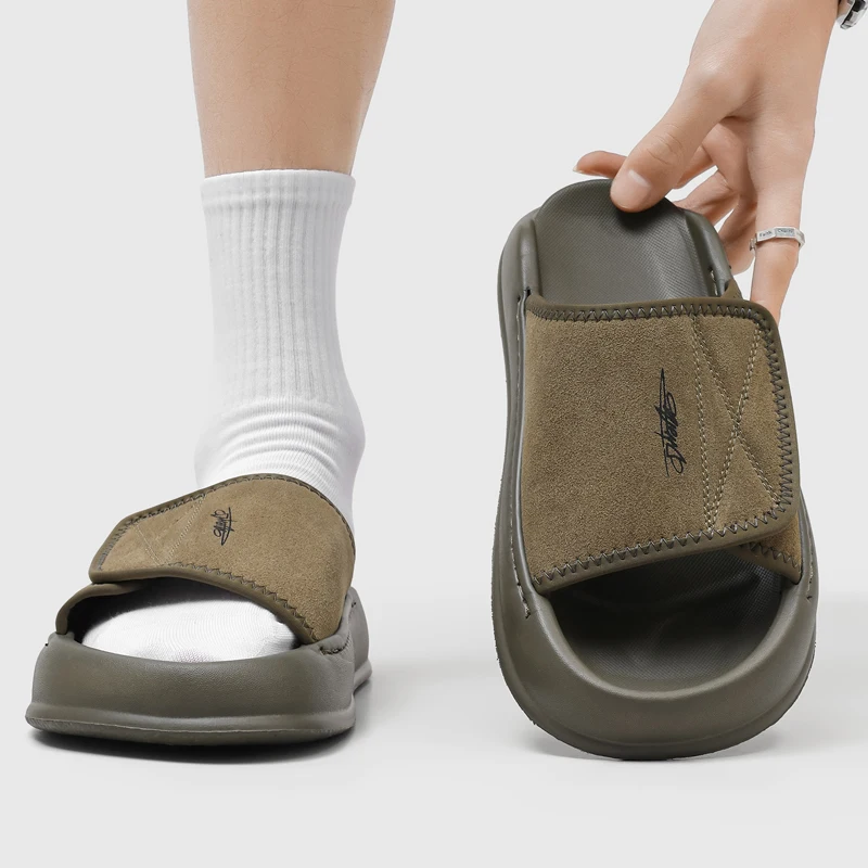 

Summer Men Thick Sole Cloud Cushion Slides, Genuine Leather Sports One Strap Slippers Big Size Non Slip Beach Casual Footwear