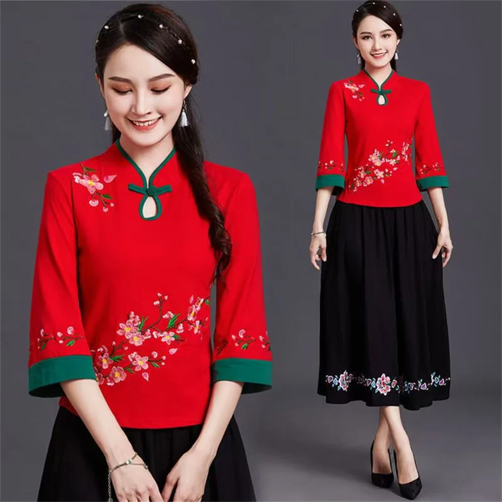 

Рубашка в этническом стиле с вышивкой Qipao Cheongsam, топы, традиционная китайская винтажная водолазка, браслет, футболка с рукавами, вечерние