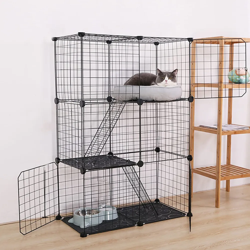 3-Tier DIY Metal Wire Cat Cage Large Exercise Place Fences for Rabbit Pig Dog 109x75x39cm Indoor Detachable Cat Playpen House