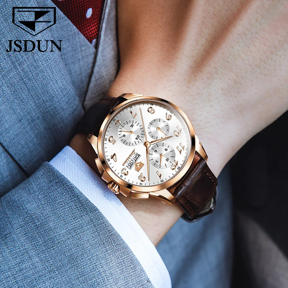 JSDUN Original Leather Strap Waterproof Automatic Mechanical Watches for Men Casual Fashion Wrist Watch Men Classic Men Watch